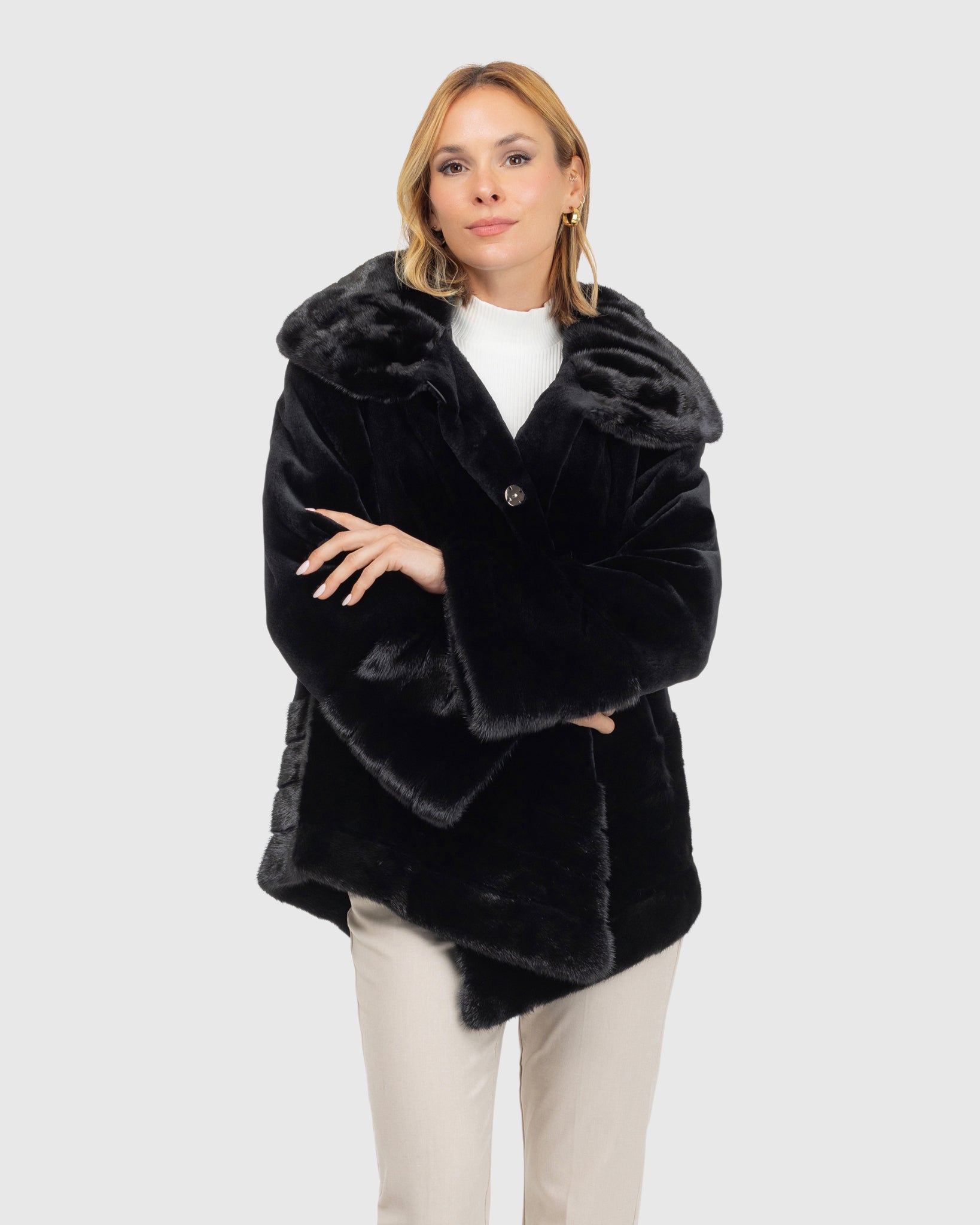 Sheared Mink Jacket, Reversible to Taffeta, Long Hair Mink Collar, Cuffs and Bottom