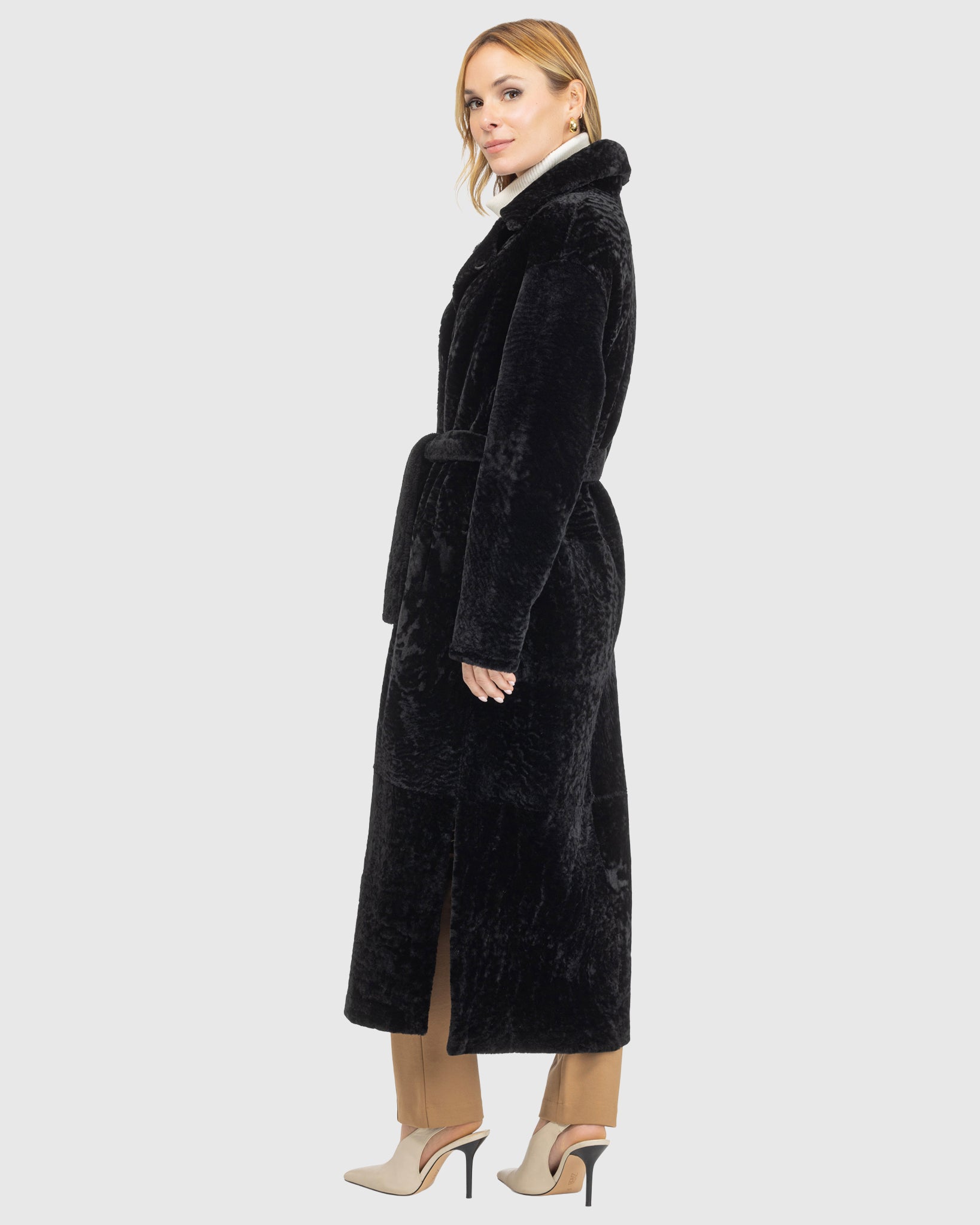 Reversible Select Shearling Lamb Coat with Side Slits and Belt