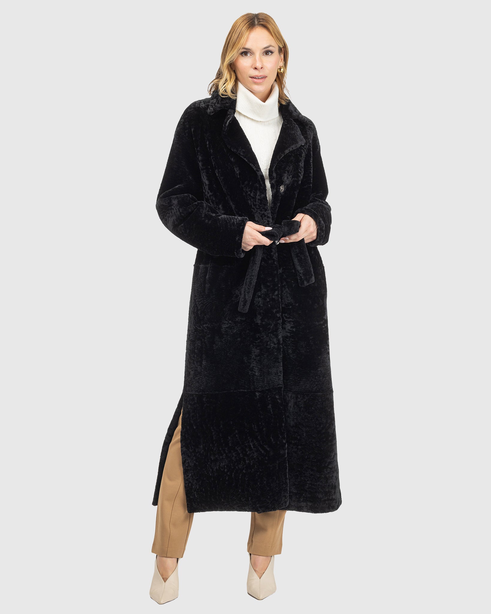 Reversible Select Shearling Lamb Coat with Side Slits and Belt