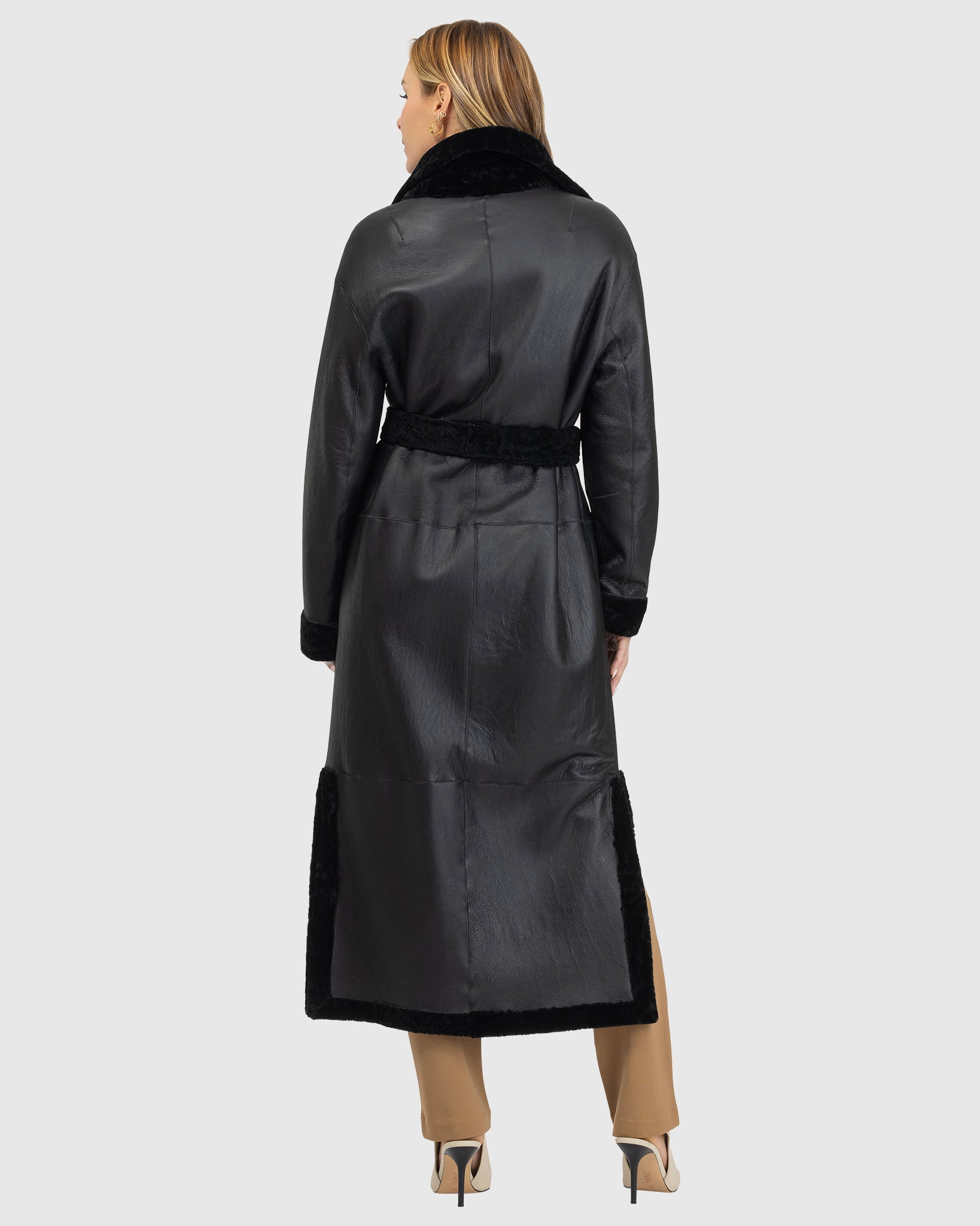 Reversible Select Shearling Lamb Coat with Side Slits and Belt
