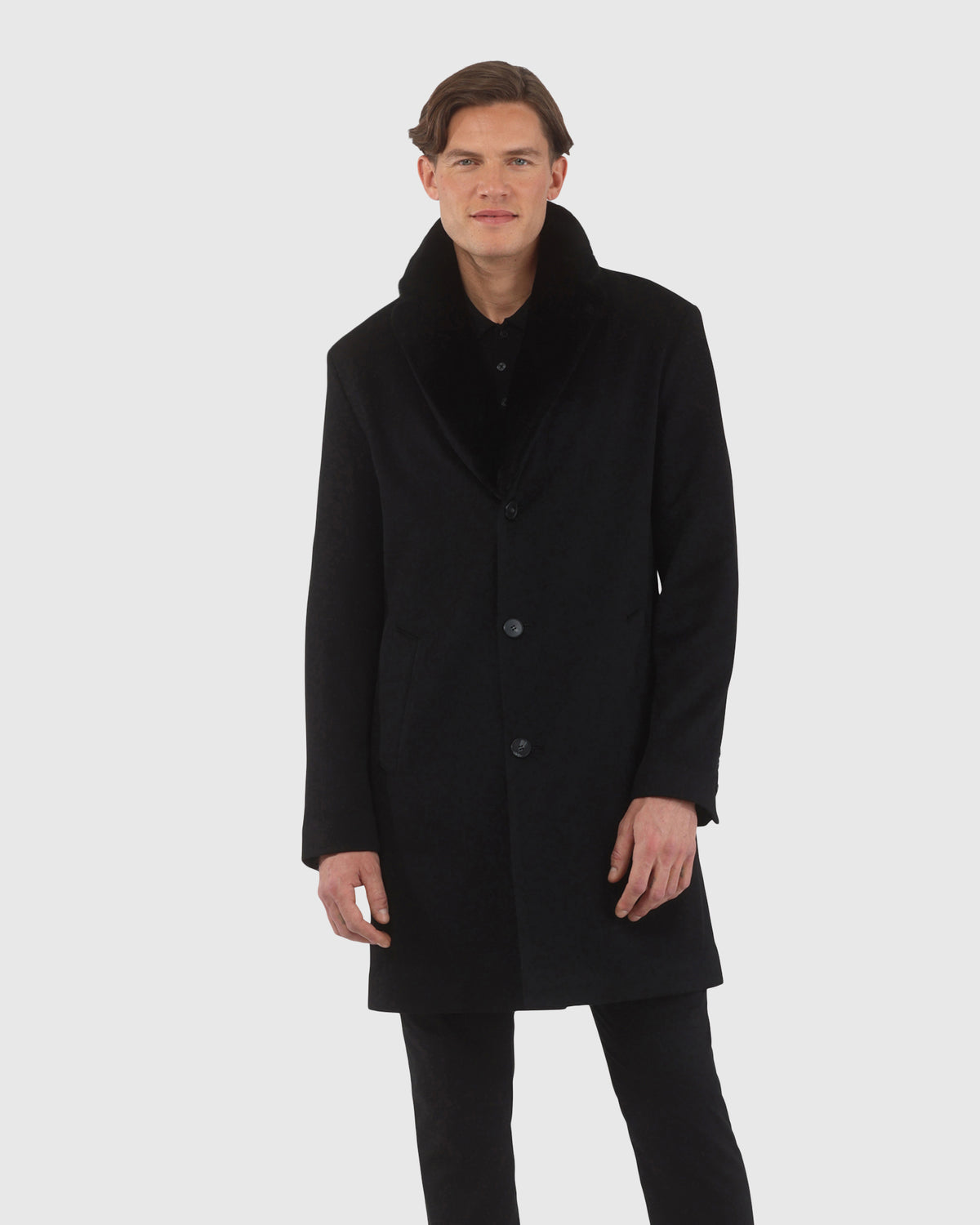 Men's cashmere short coat crafted from Loro Piana with detachable select shearling lamb collar in black, front view