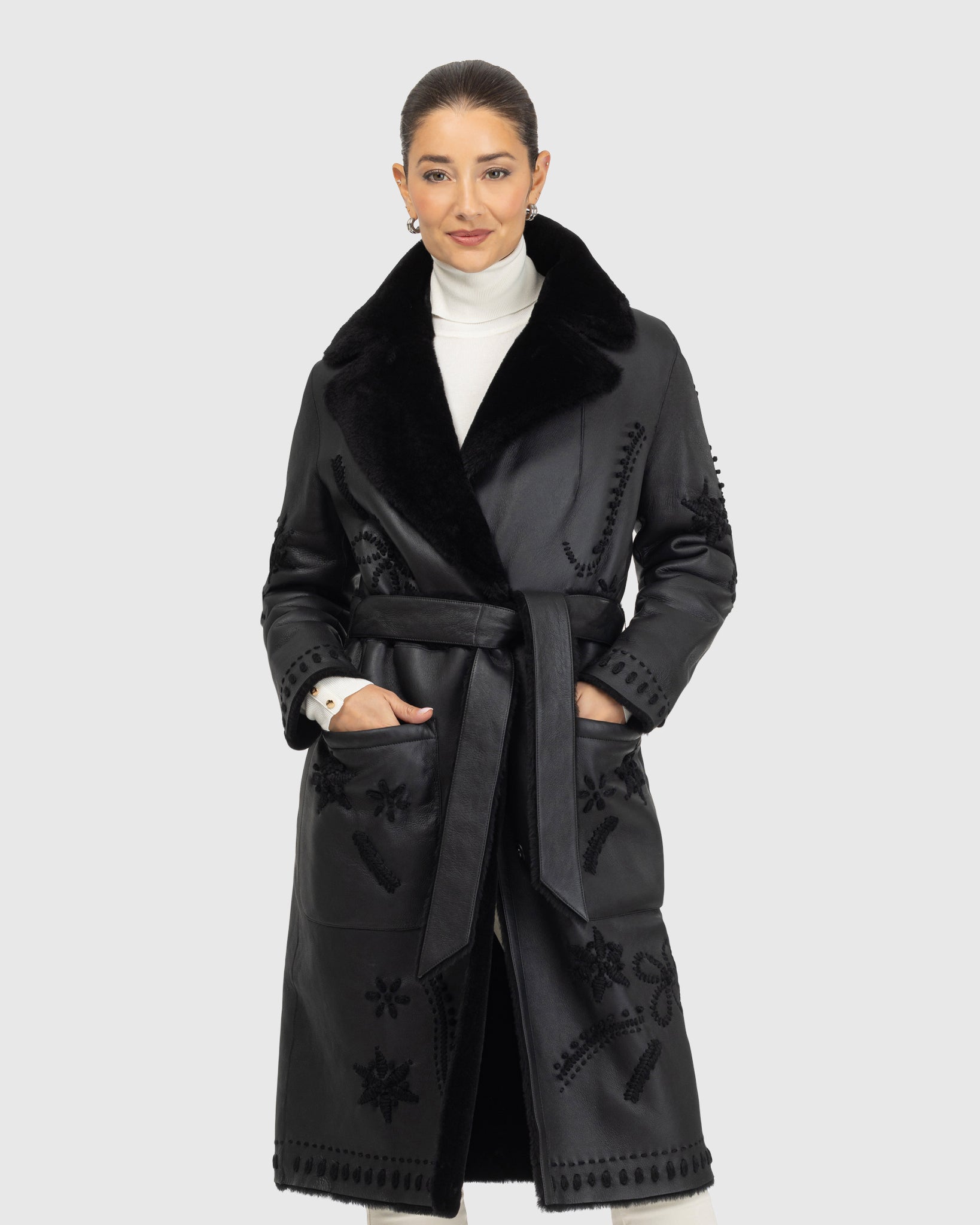 Merino Shearling Lamb Short Coat with Embroidery, Belt