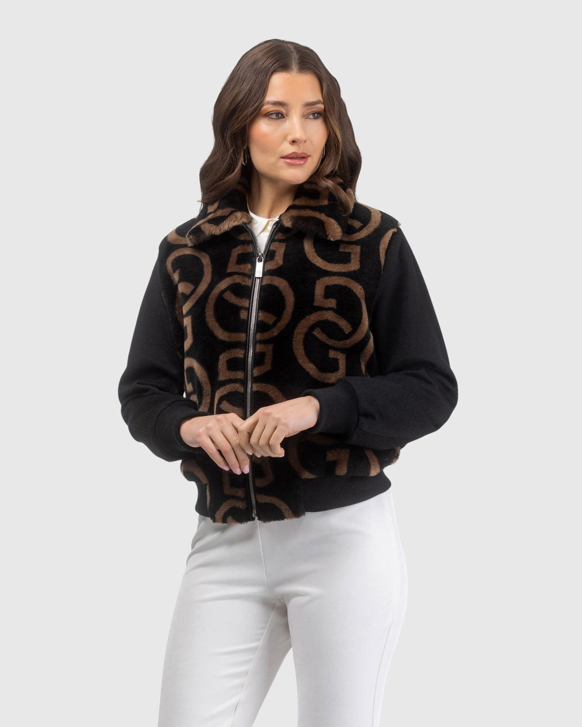 G printed merino shearling lamb bomber jacket with wool trim crafted from Loro Piana in black and chestnut, front view