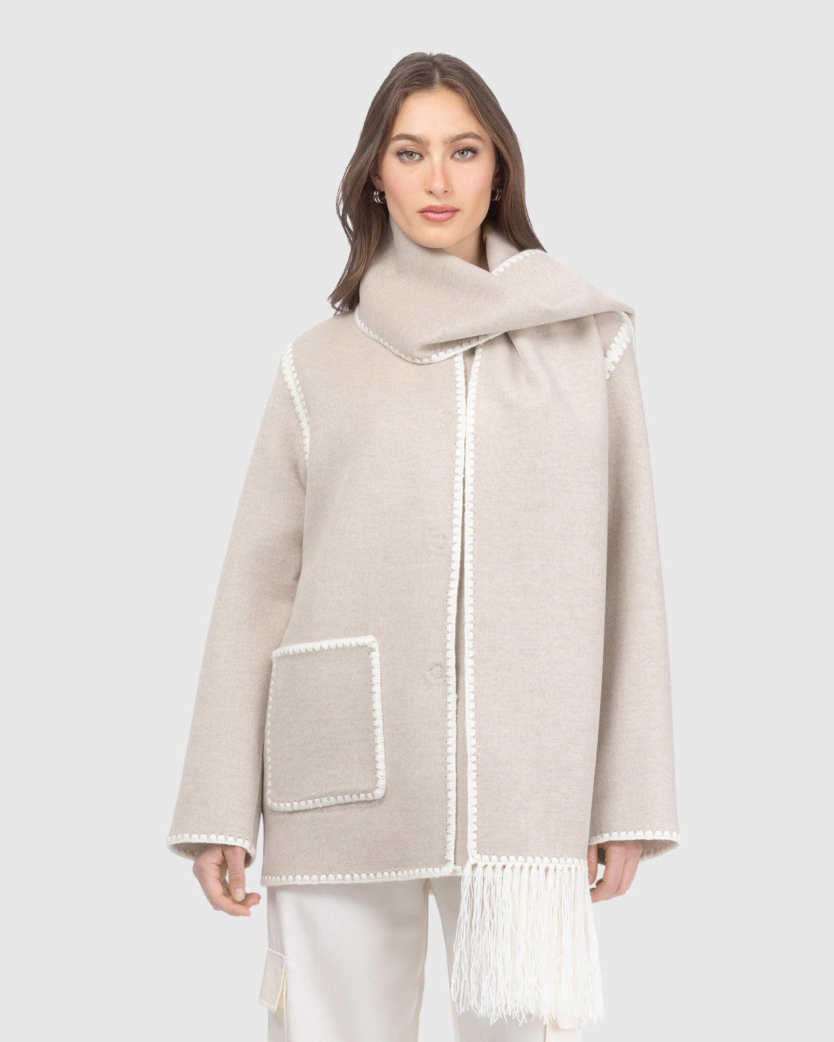 Cashmere and wool jacket crafted from Loro Piana with detachable scarf in sand and beige, front view