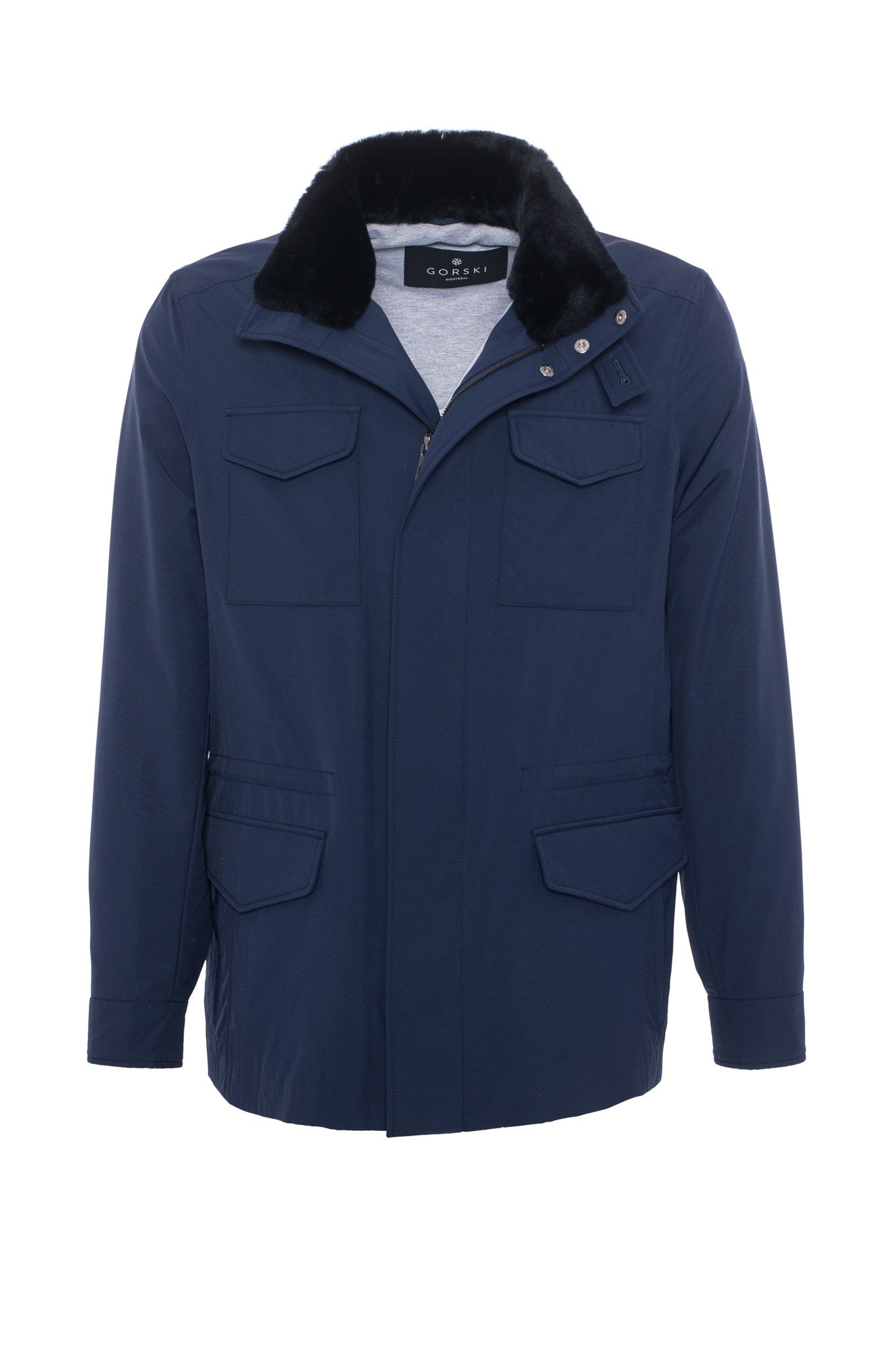 Veste pour homme confectionnée en tissu Loro Piana Storm System avec col amovible en peau lainée et capuche dissimulée