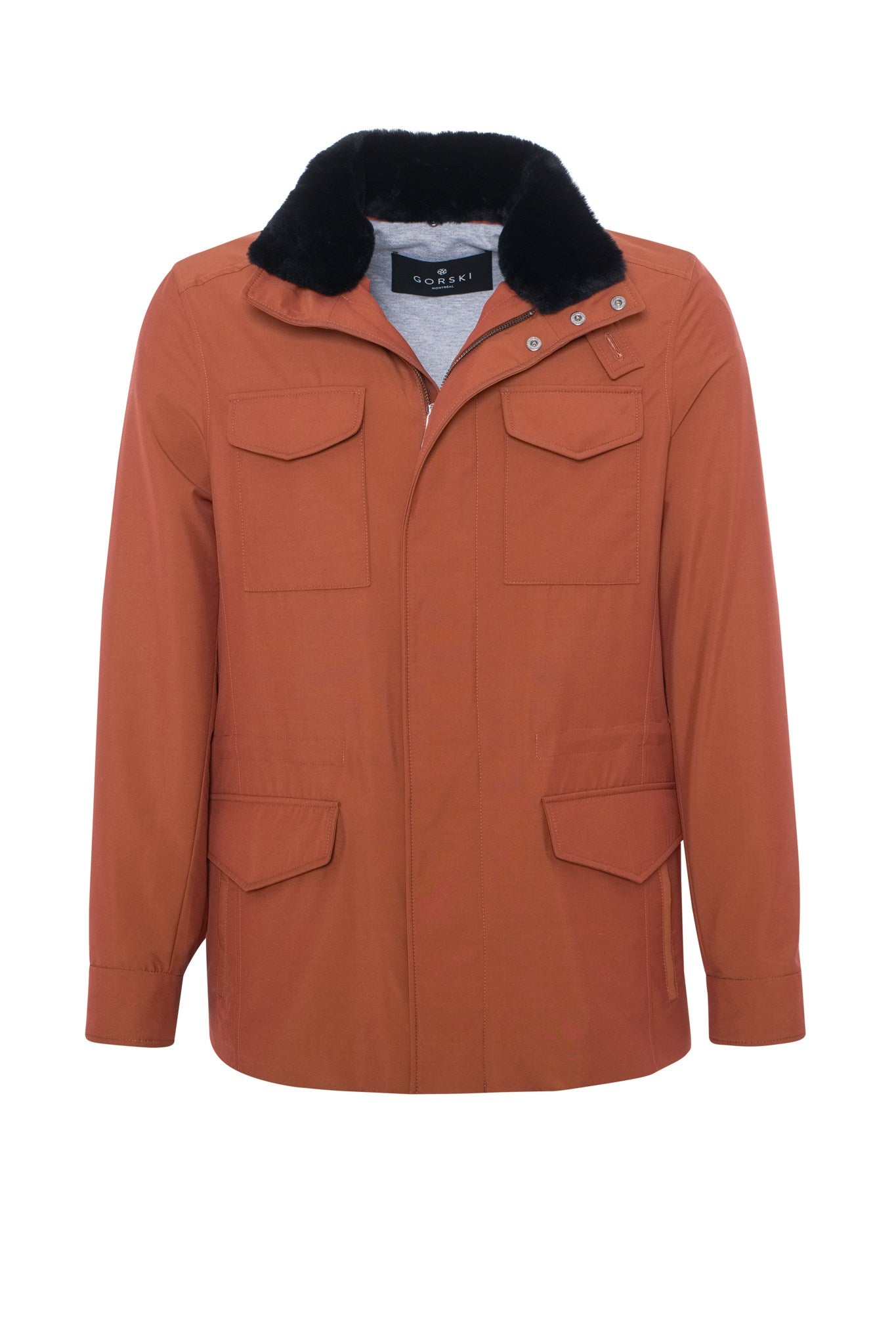 Veste pour homme confectionnée en tissu Loro Piana Storm System avec col amovible en peau lainée et capuche dissimulée