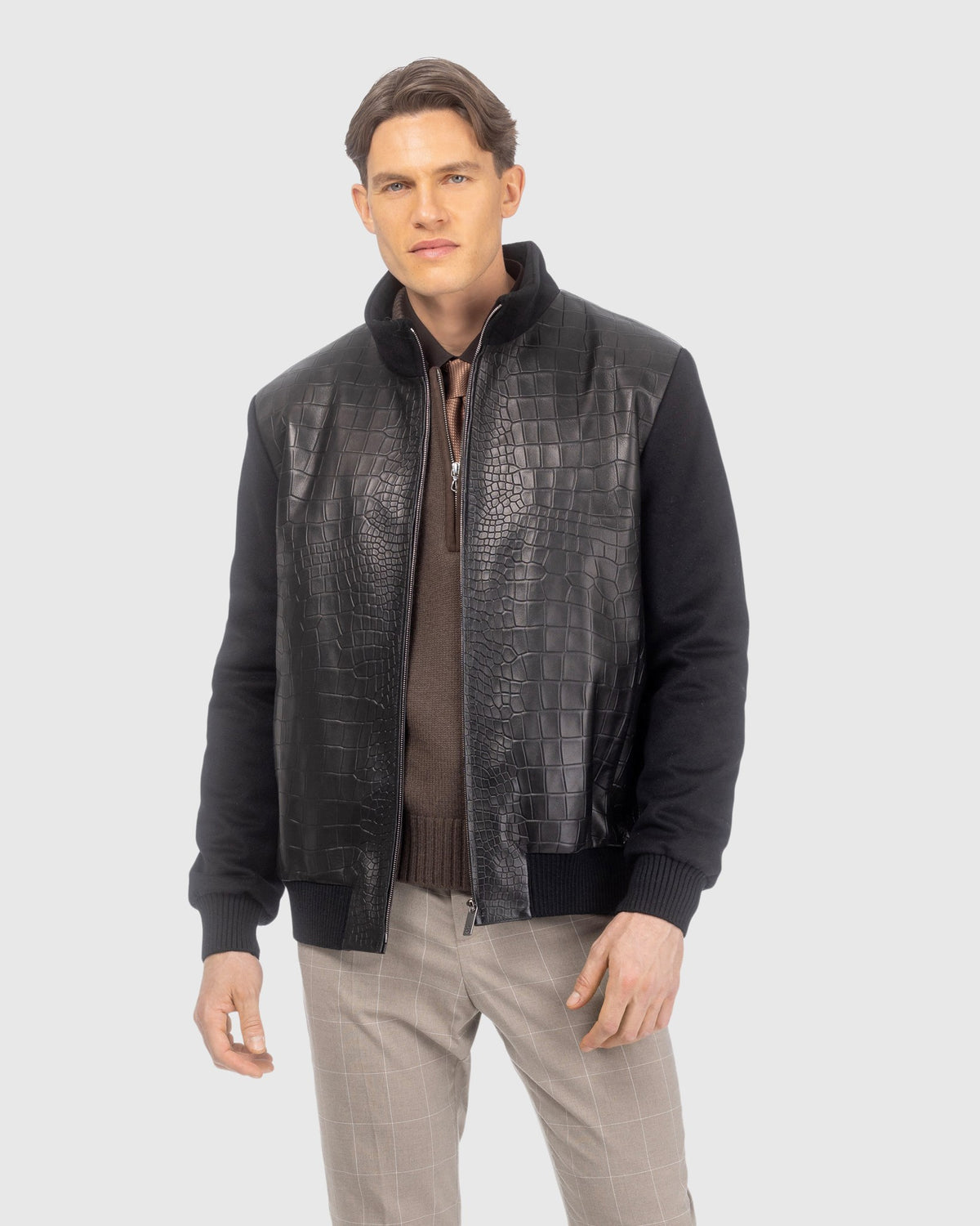 Men's wool jacket crafted from Loro Piana with croco embossed nappa leather front in black, front view