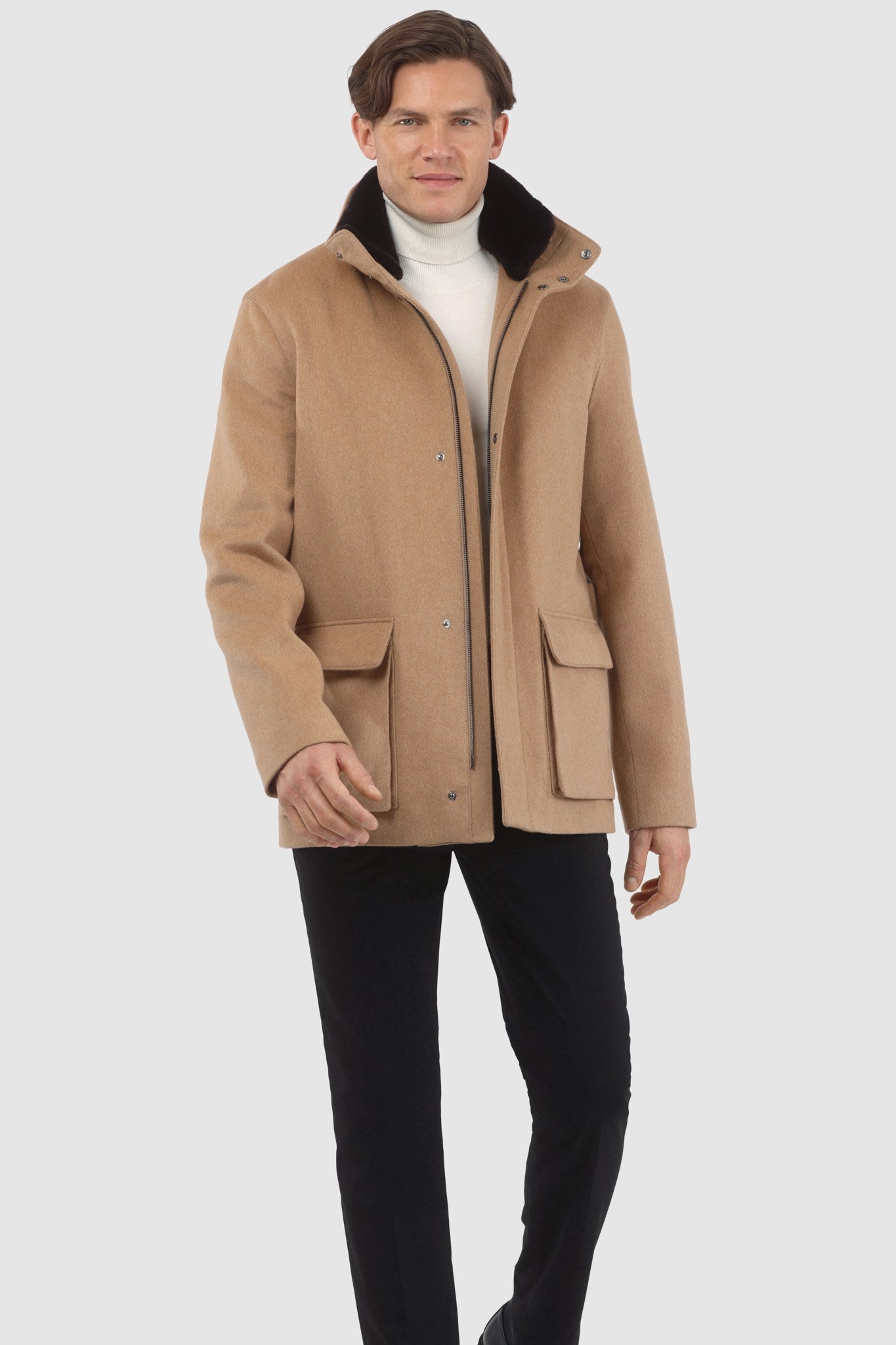 Veste pour homme confectionnée en laine Loro Piana avec col amovible en peau lainée d'agneau sélectionnée