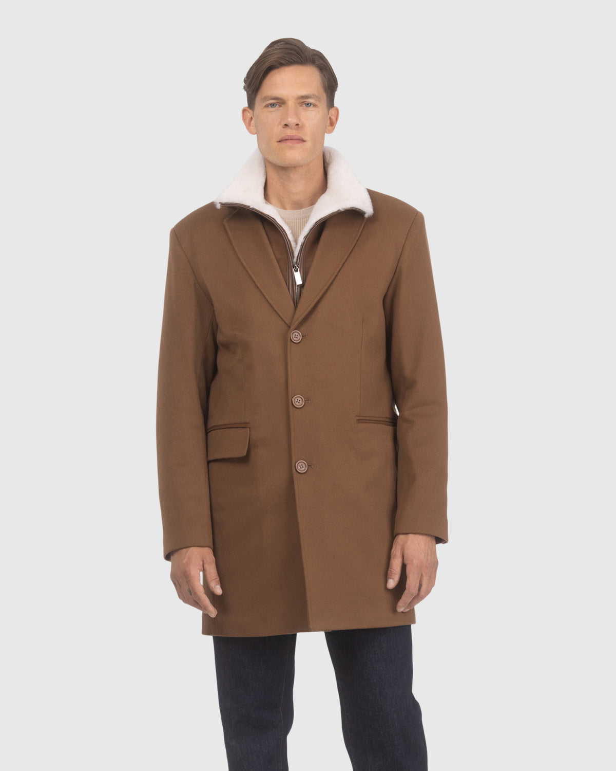 Men's wool short coat crafted from Loro Piana with merino shearling lamb trim in whiskey pattern, front view