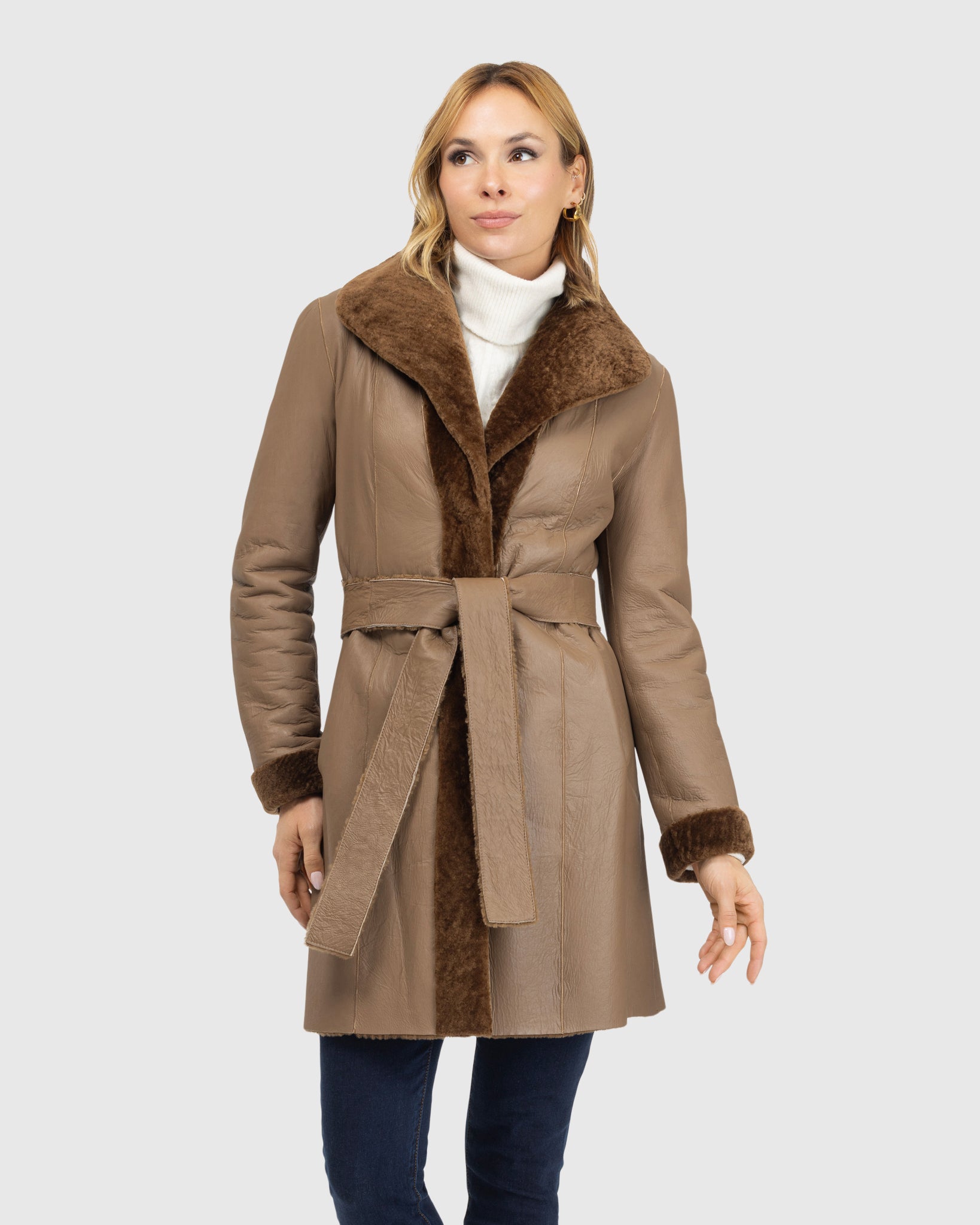 Textured Shearling Lamb Reversible Stroller, Belt