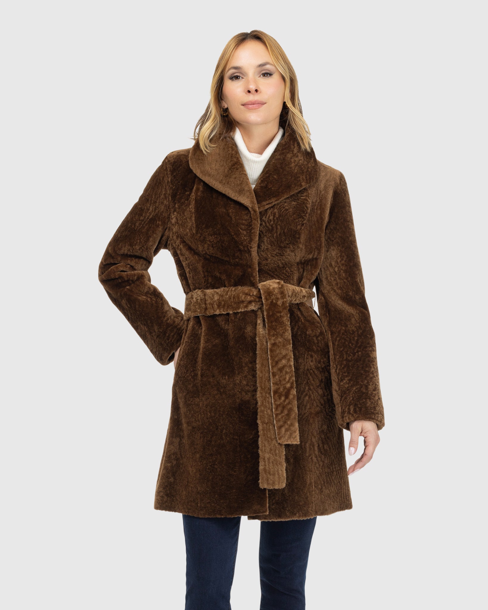 Textured Shearling Lamb Reversible Stroller, Belt
