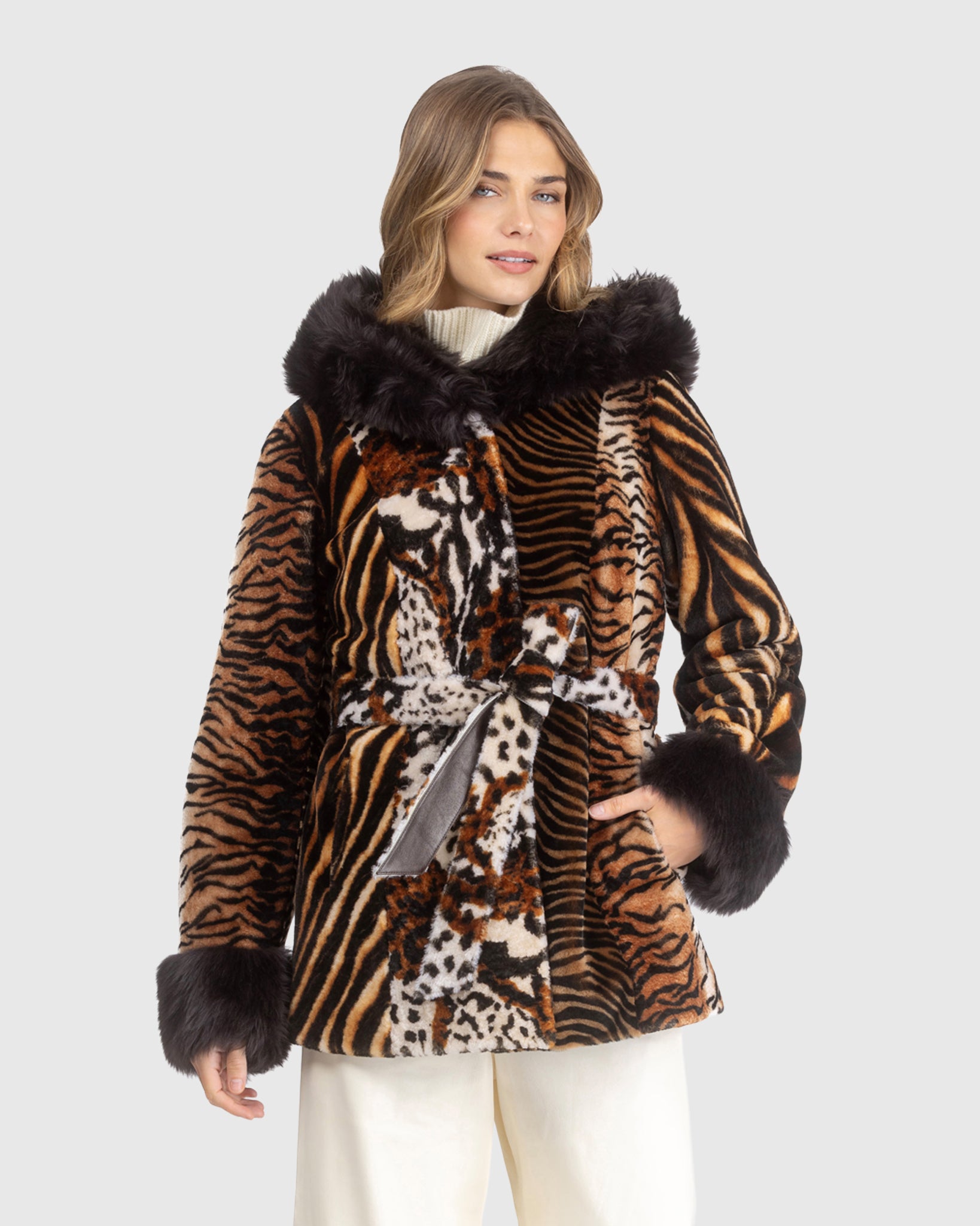 SHEARLING LAMB PARKA WITH MERINILLO SHEARLING LAMB HOOD TRIM & CUFFS, BELT