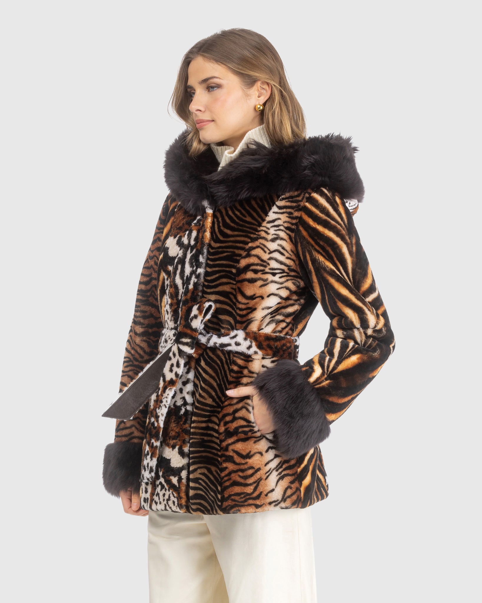 SHEARLING LAMB PARKA WITH MERINILLO SHEARLING LAMB HOOD TRIM & CUFFS, BELT