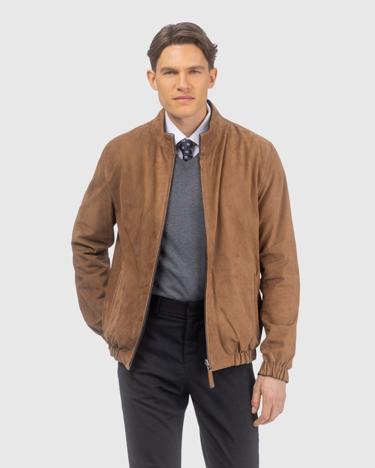 Men's nubuck jacket reversible to cashmere and wool crafted from Loro Piana in cognac and black, front view