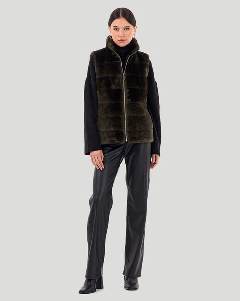 Horizontal Shearling Lamb Zip Vest with Quilted Back
