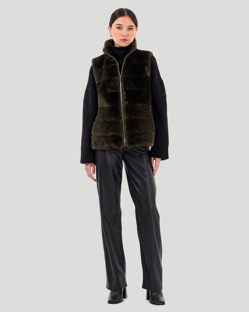 Horizontal Shearling Lamb Zip Vest with Quilted Back