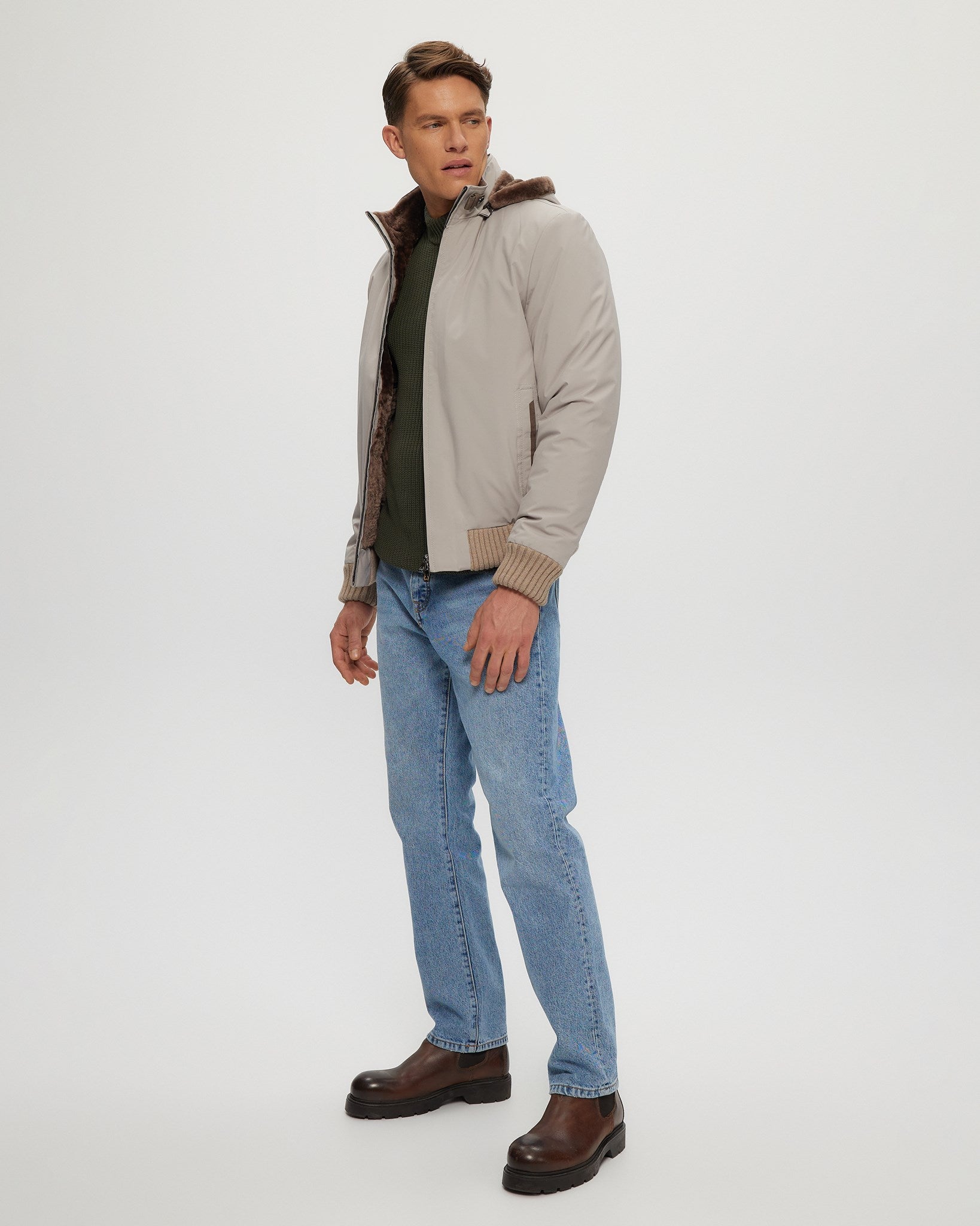 Men's Fabric Jacket With Lamb Lining And Detachable Hood