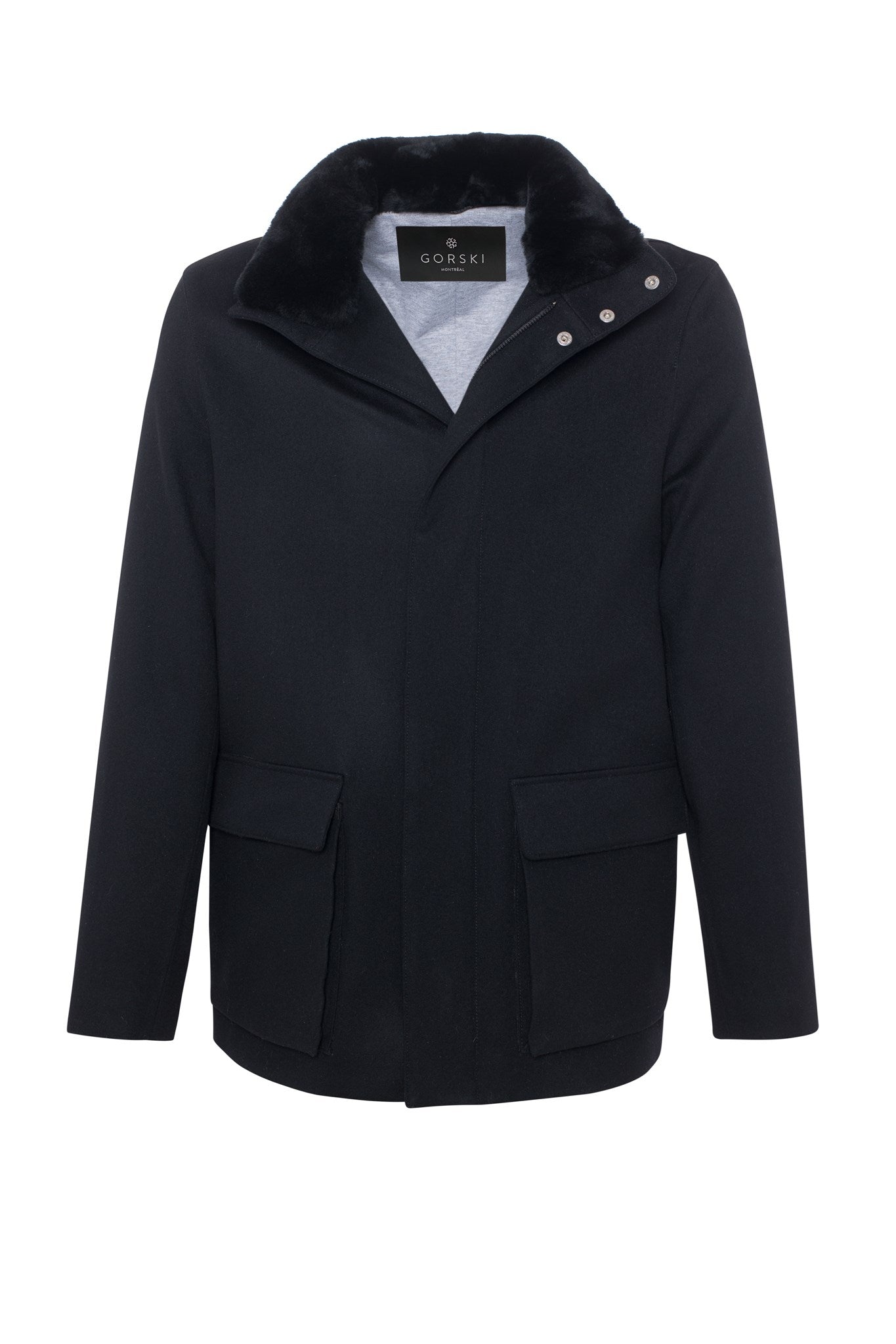 Veste pour homme confectionnée en laine Loro Piana avec col amovible en peau lainée d'agneau sélectionnée