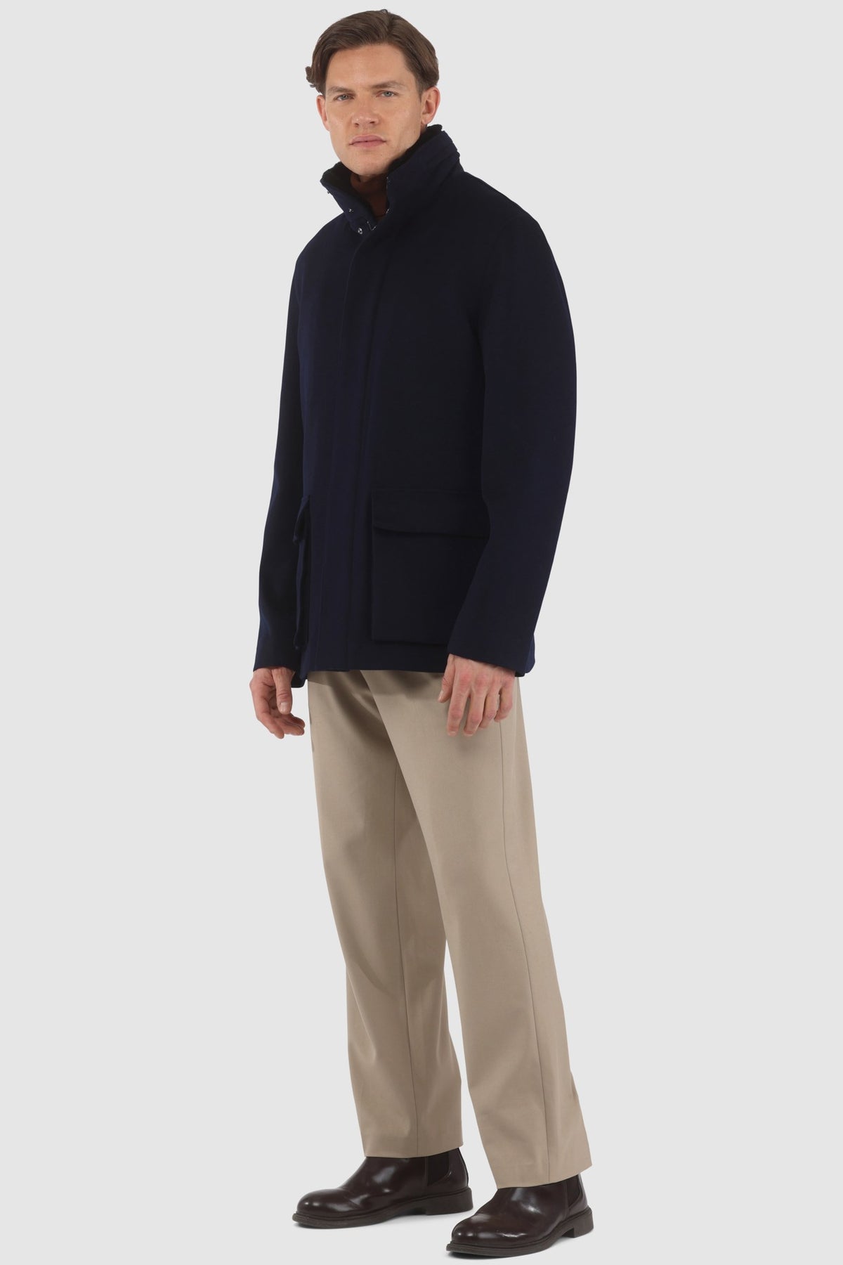 Men's Loro Piana wool jacket with detachable select shearling lamb collar in navy and black, side view