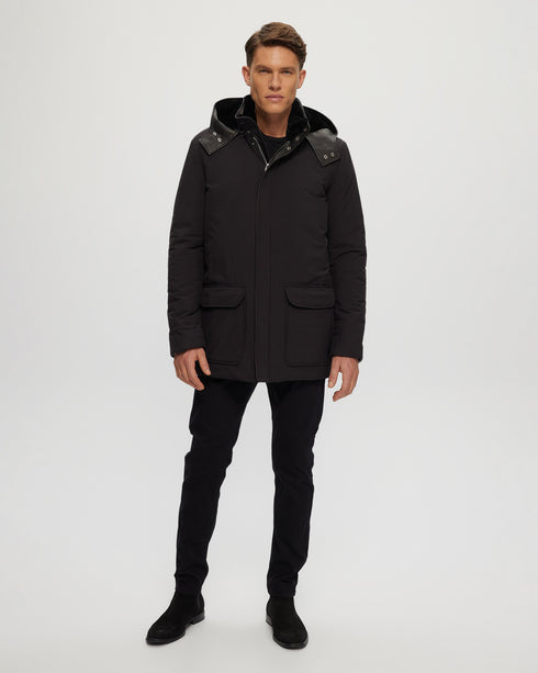 Mens Shearling Lamb Lined Parka with Leather Trim and Detachable Shearling Lamb Collar and Hood