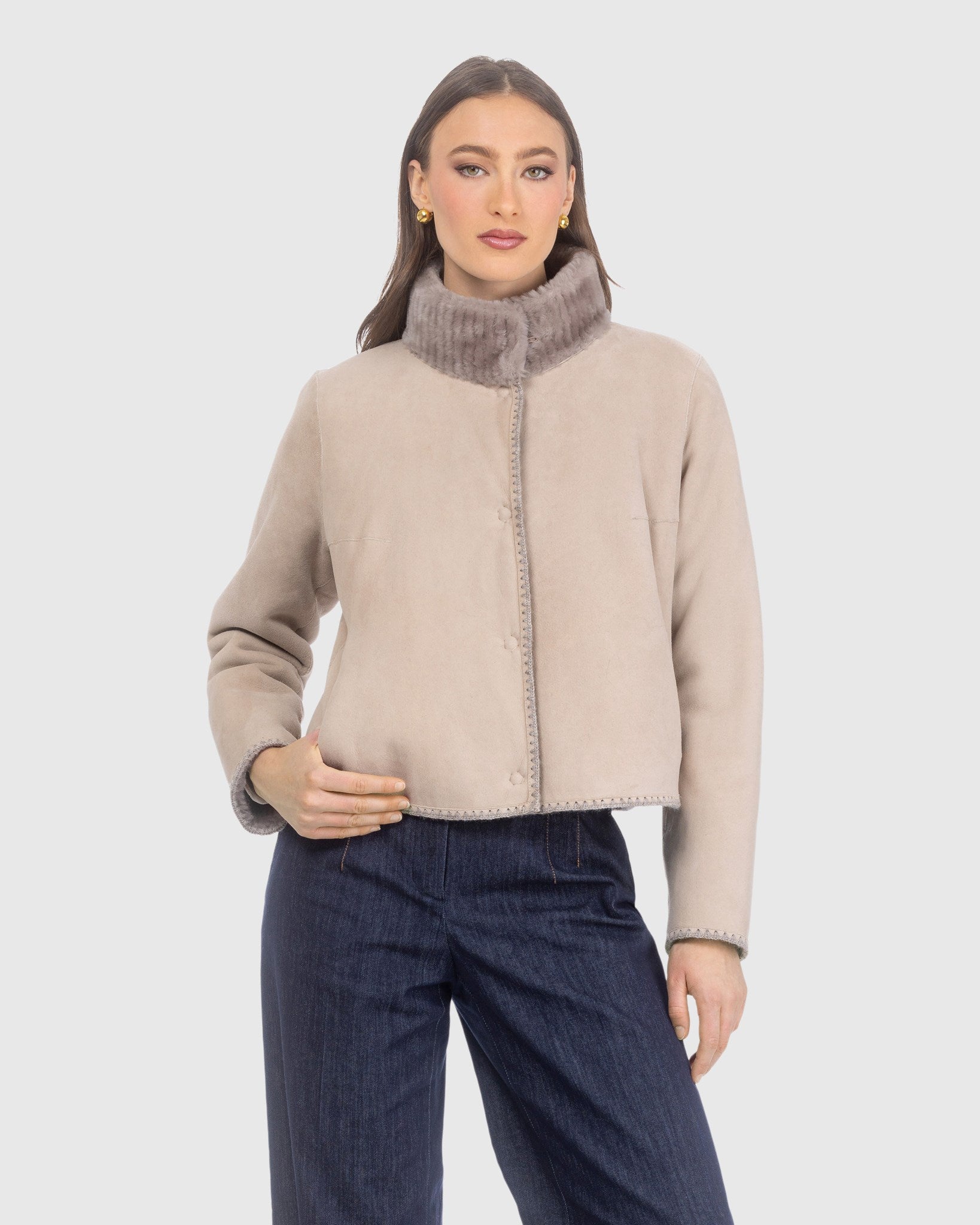 REVERSIBLE MERINO GROOVED SHEARLING LAMB JACKET WITH EMBROIDERED TRIM