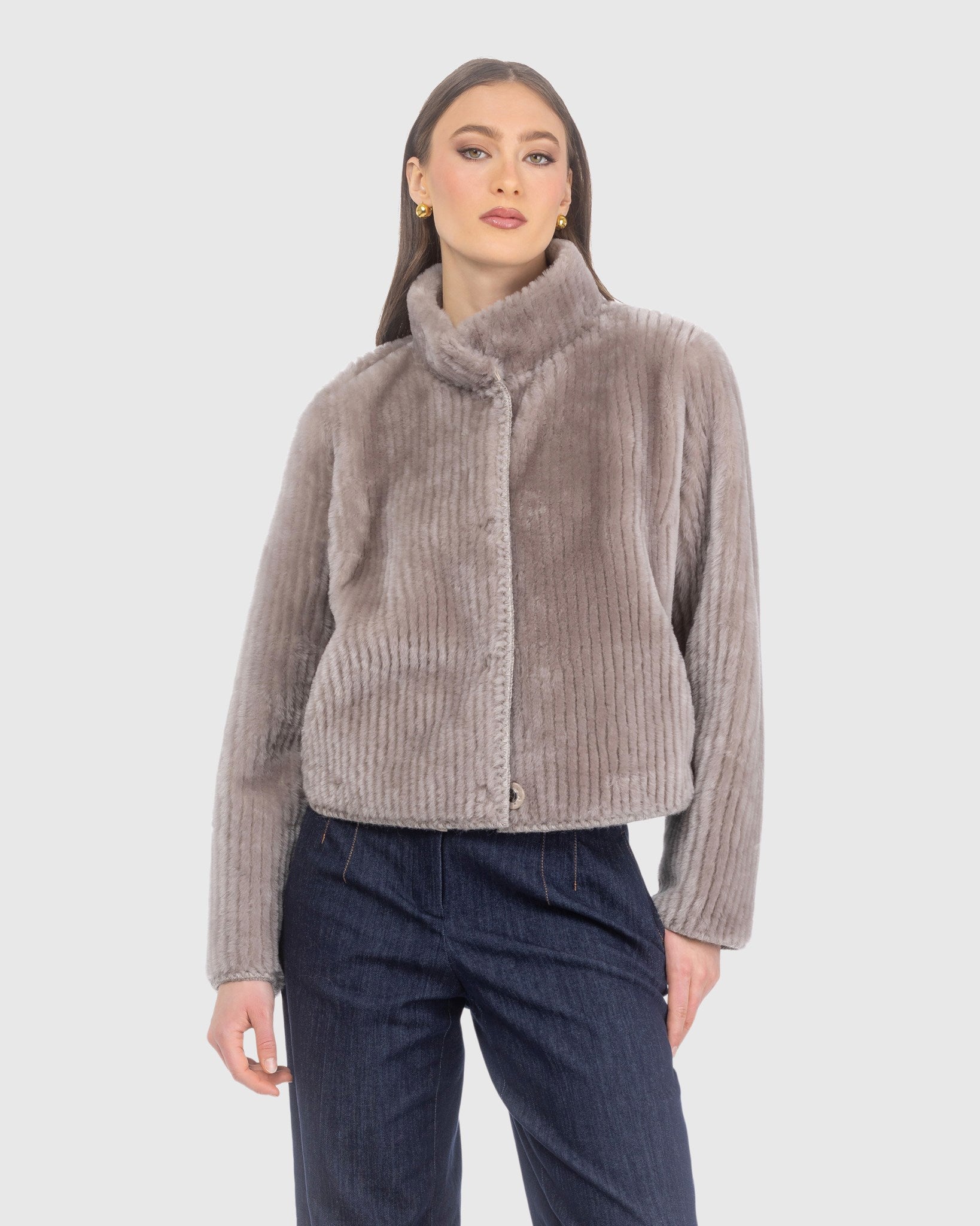REVERSIBLE MERINO GROOVED SHEARLING LAMB JACKET WITH EMBROIDERED TRIM