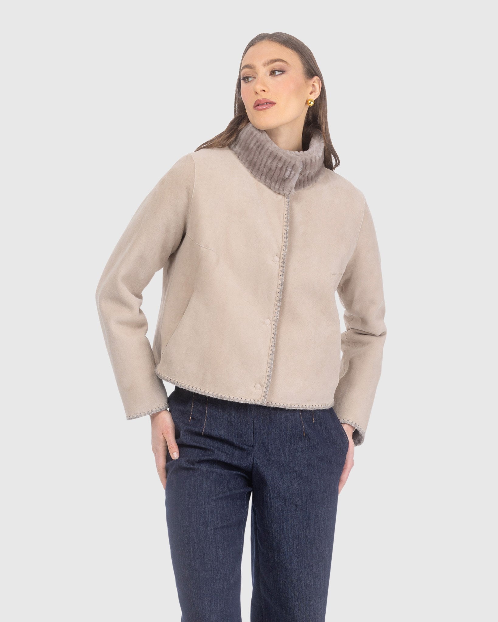 REVERSIBLE MERINO GROOVED SHEARLING LAMB JACKET WITH EMBROIDERED TRIM