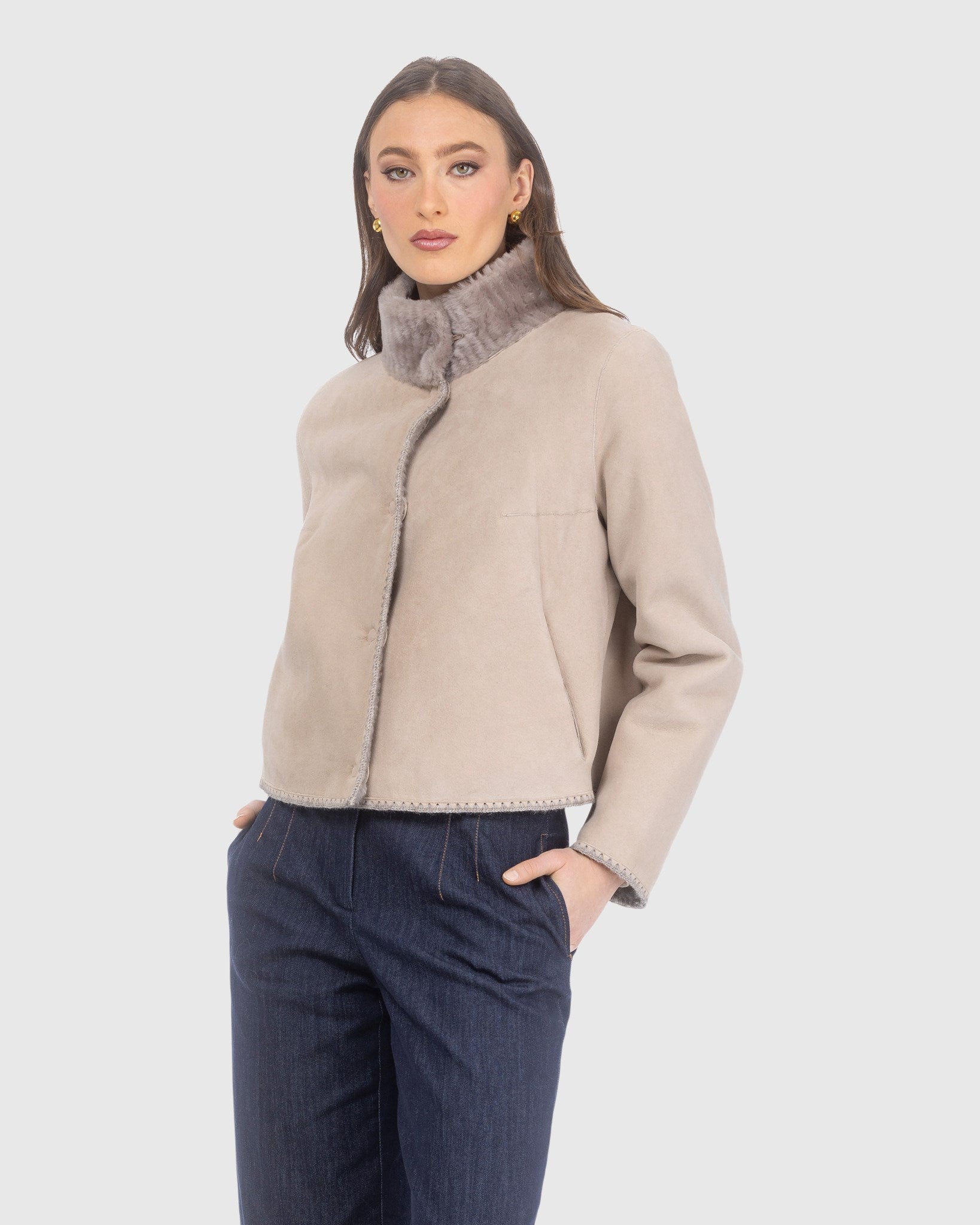 REVERSIBLE MERINO GROOVED SHEARLING LAMB JACKET WITH EMBROIDERED TRIM