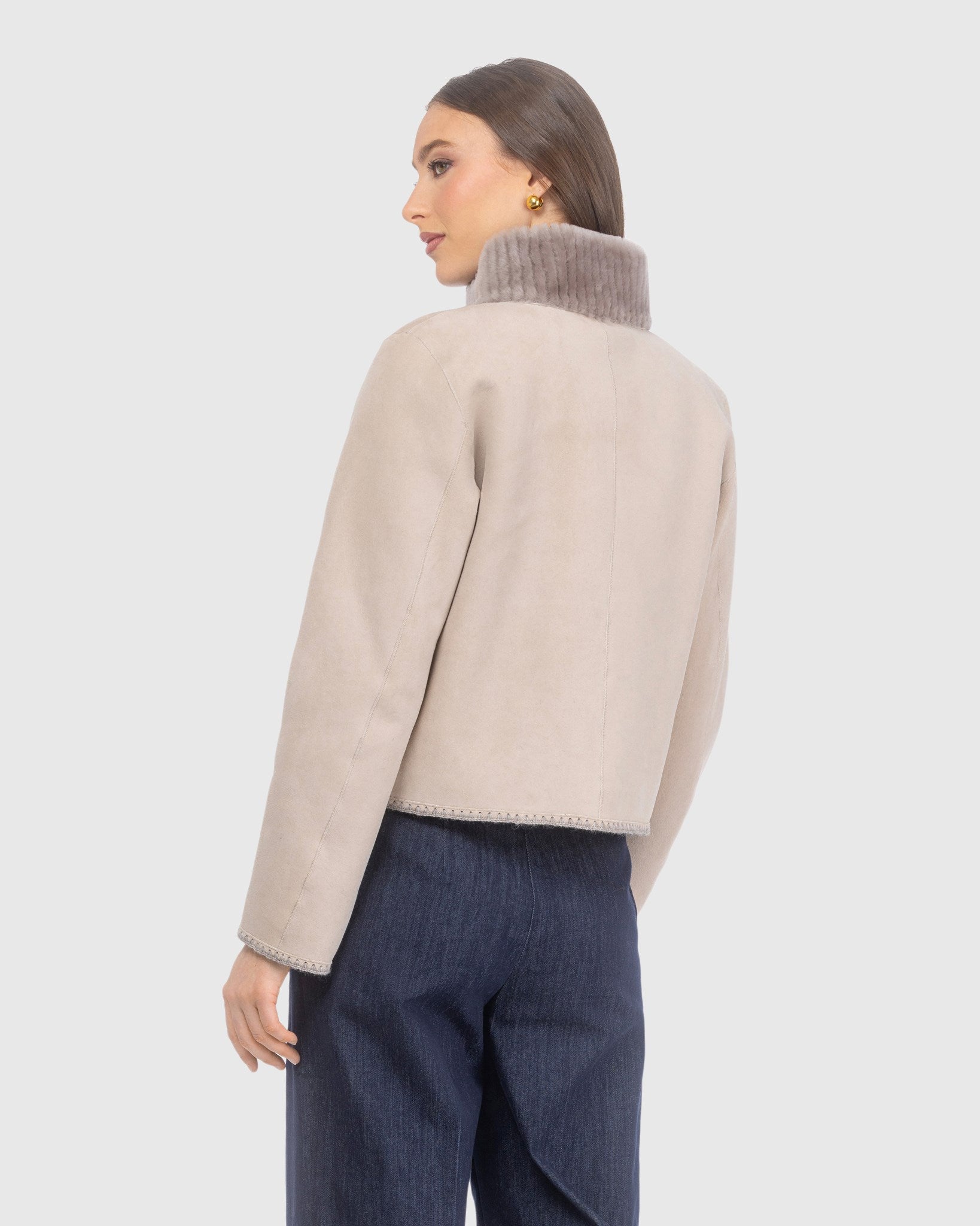 REVERSIBLE MERINO GROOVED SHEARLING LAMB JACKET WITH EMBROIDERED TRIM