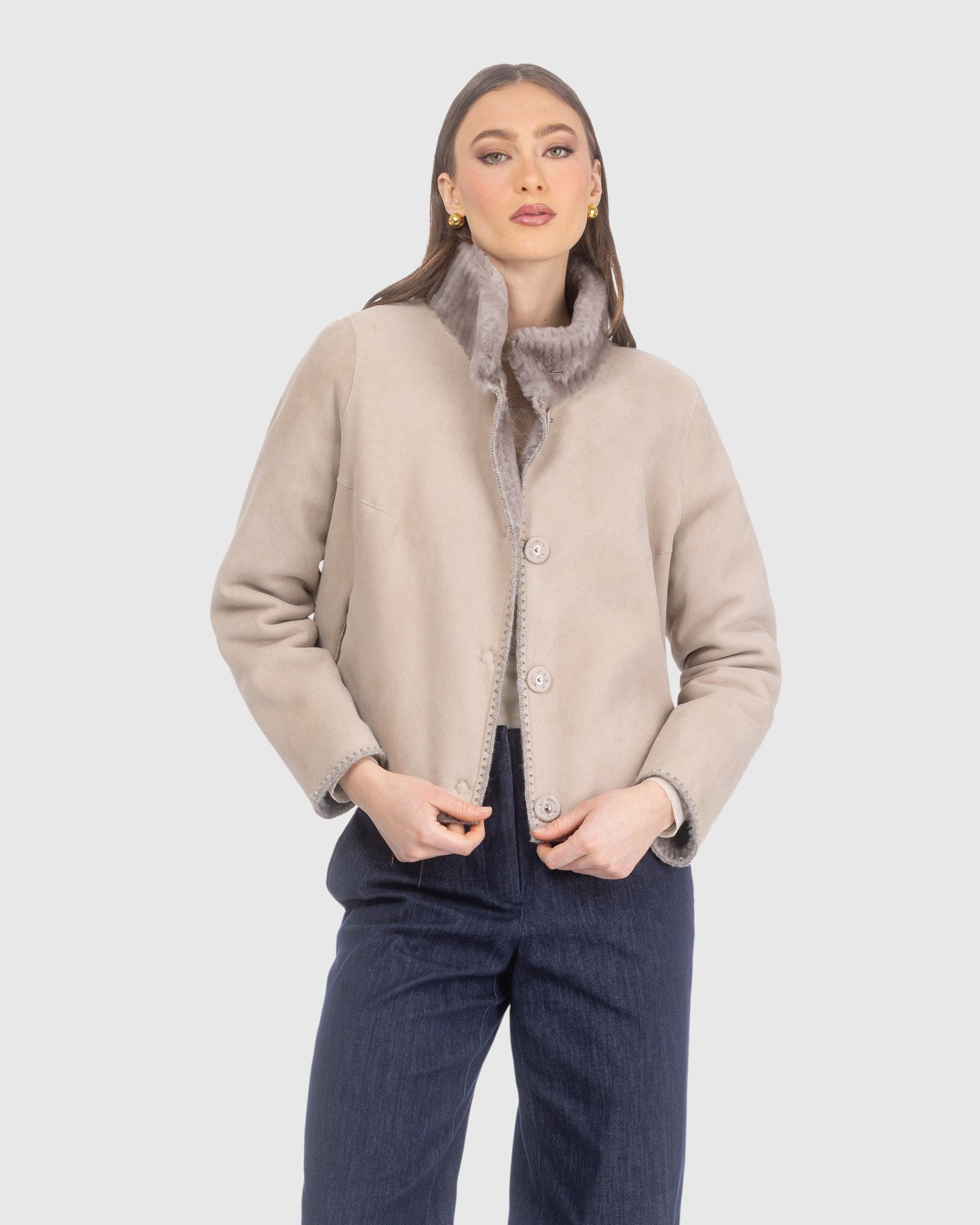 REVERSIBLE MERINO GROOVED SHEARLING LAMB JACKET WITH EMBROIDERED TRIM