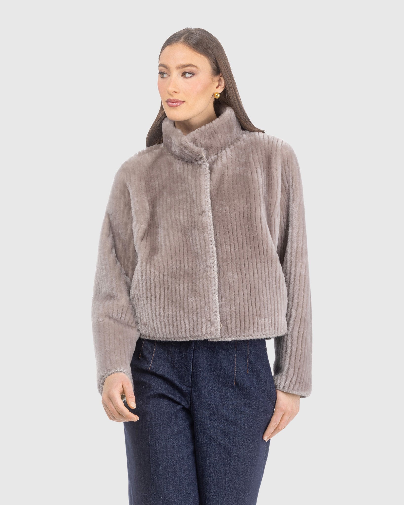 REVERSIBLE MERINO GROOVED SHEARLING LAMB JACKET WITH EMBROIDERED TRIM