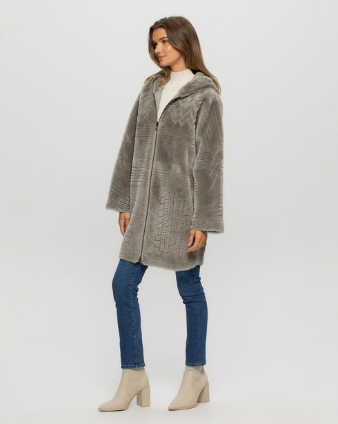 Reversible Shearling Lamb Parka with Grooved Pattern