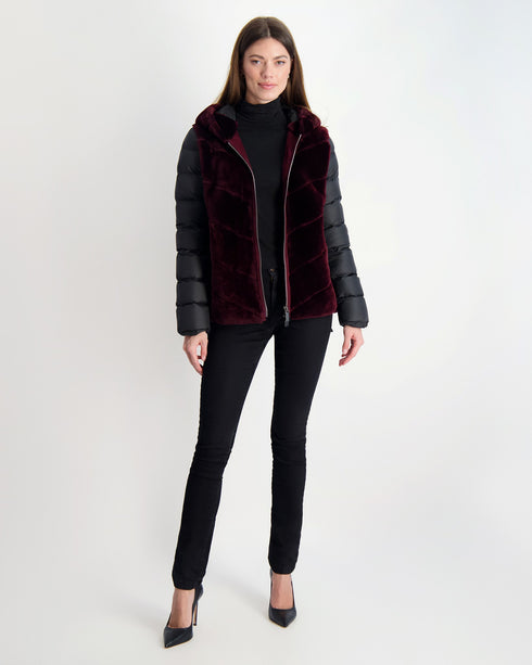 Shearling Lamb Chevron Parka with Quilted Sleeves and Back