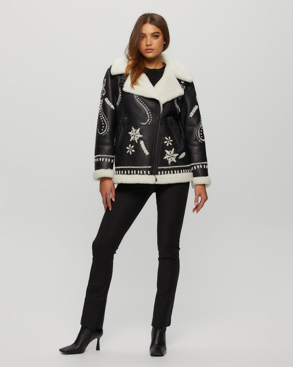 Shearling Lamb Zip Jacket with Wool Embroidery