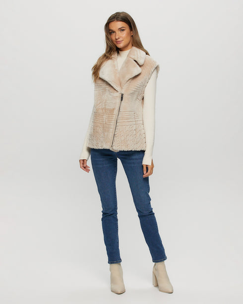 Shearling Lamb Zip Vest with Grooved Pattern
